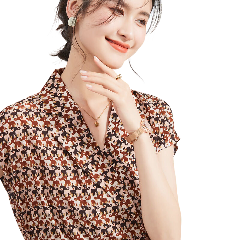 金菊桑蚕丝短袖夏新款西装领连肩袖衬衫上衣动物印花系带女式T恤