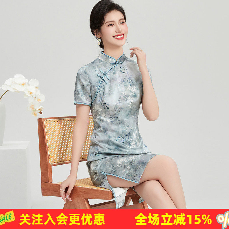 【桑蚕丝国风旗袍】夏季立领短袖植物花卉中款女式连衣裙修身