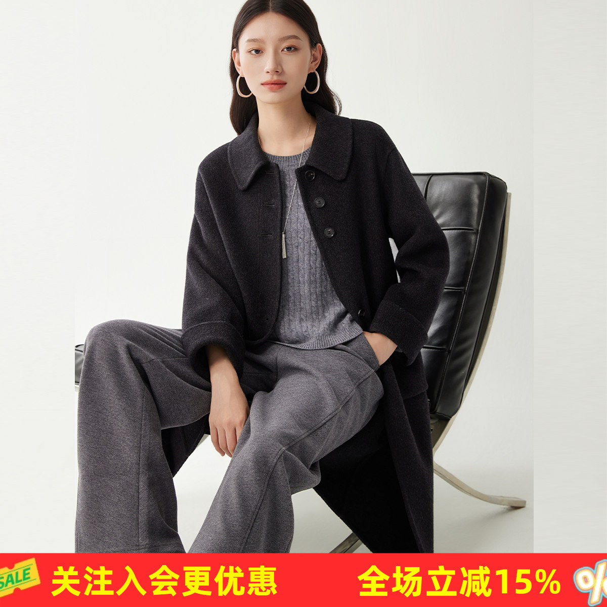 金菊绵羊毛【含羊绒】冬季新款长款翻领单排扣通勤保暖女式大衣