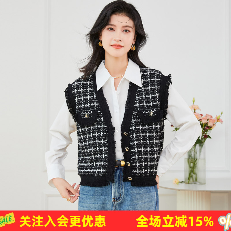 金菊【小香风含羊毛马甲】纯色韩版春秋叠穿纽扣开衫女式背心