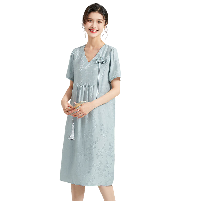 金菊20姆米织锦缎桑蚕丝夏季新款V领暗纹短袖立体胸花女连衣裙