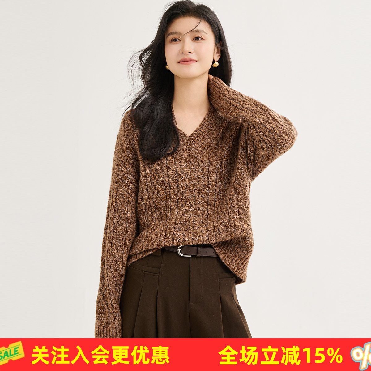 金菊【含羊绒】冬季26新款圆领趣味刺绣图案文艺风宽松女式羊毛衫