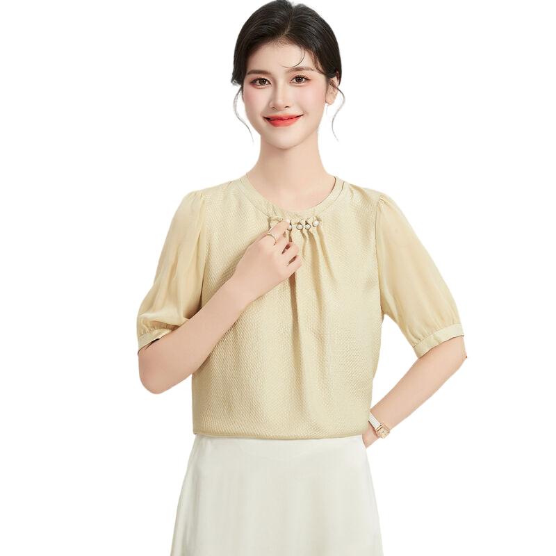 【19姆米冠乐绉】100%桑蚕丝真丝夏季圆领短袖纯色女式T恤