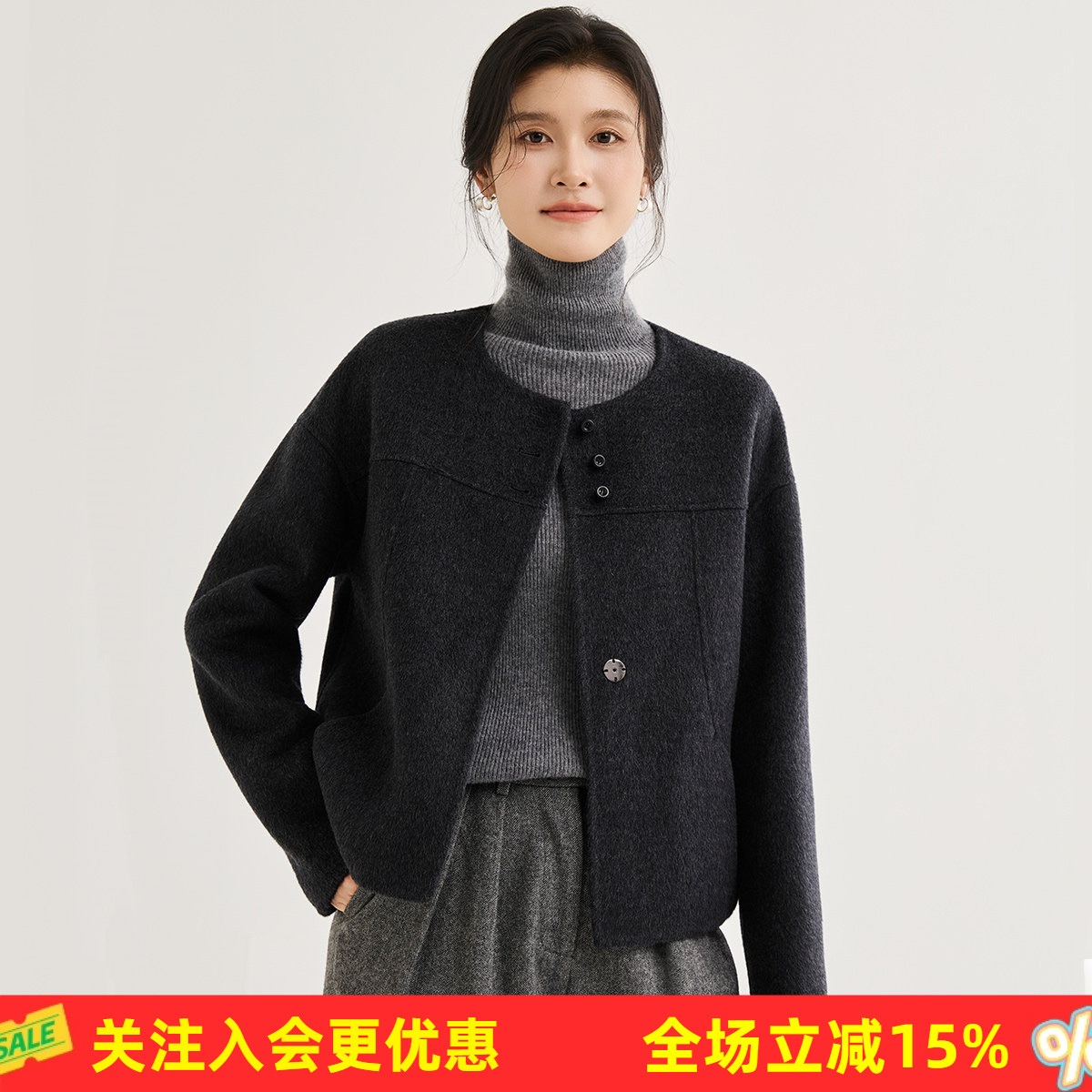 金菊【绵羊毛大衣】冬季26年新款短款圆领单排扣通勤开衫外套