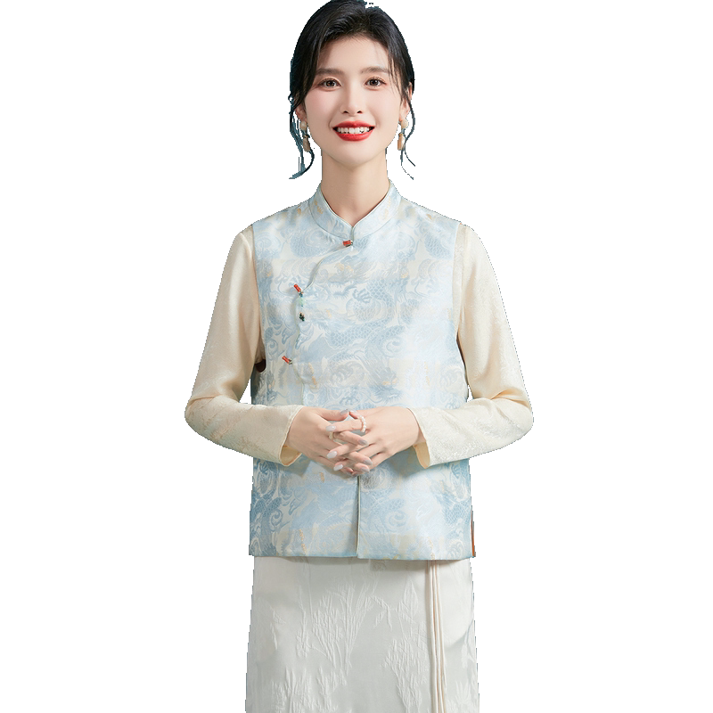金菊桑蚕丝两面穿背心春季新中式立领盘扣平安玉流苏装饰女式马甲