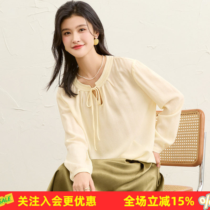 金菊桑蚕丝100%真丝莫兰迪色系26年春夏小众胸前绑带设计感T恤