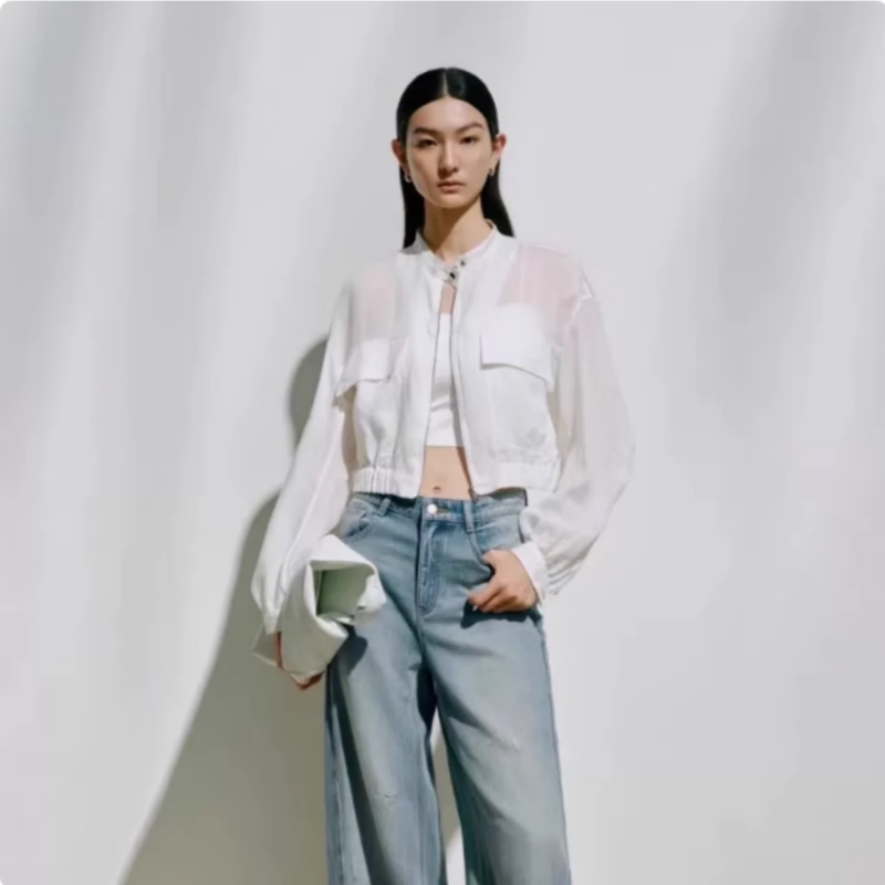 艾诺丝范范商场同款2025夏新款百搭薄款白色立领防晒短外套女5043