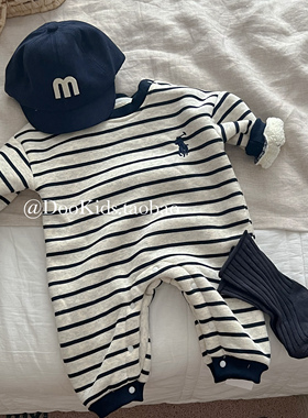 ins韩版婴儿秋冬季条纹刺绣加绒哈衣连体衣男宝宝加厚外出服爬服