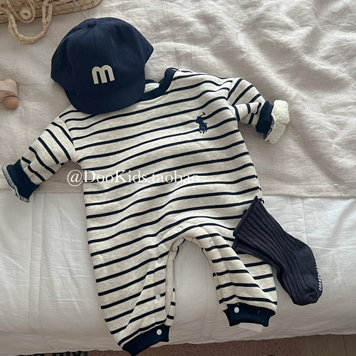 ins韩版婴儿秋冬季条纹刺绣加绒哈衣连体衣男宝宝加厚外出服爬服