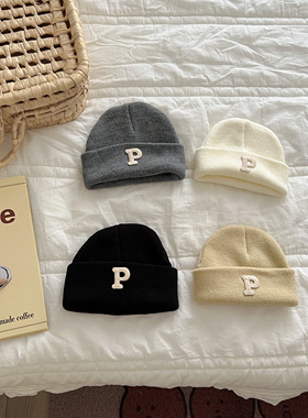 ins韩版简约字母P标婴儿针织毛线套头帽秋冬小宝宝帽子保暖瓜皮帽