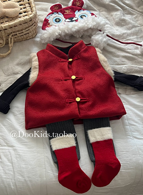 ins婴幼儿拜年服红色中国风马甲男宝宝夹棉加厚背心百天周岁衣服