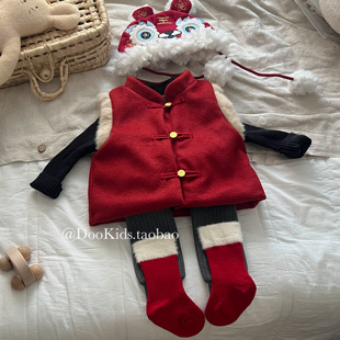 ins婴幼儿拜年服红色中国风马甲男宝宝夹棉加厚背心百天周岁衣服