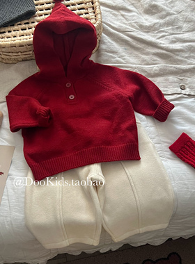 ins婴幼儿红色针织毛衣秋冬季男女宝宝套头针织百天周岁新年毛衣