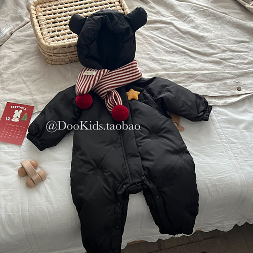 ins婴儿超萌可爱熊耳朵星星白鸭绒羽绒服宝宝加厚外出连体衣爬服