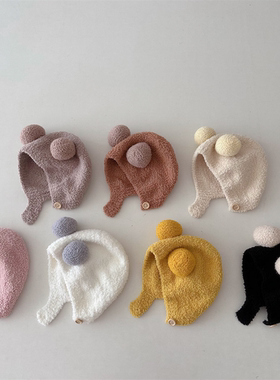 韩版ins宝宝可爱护耳帽秋冬款保暖防寒舒适婴儿双球软糯包头帽子