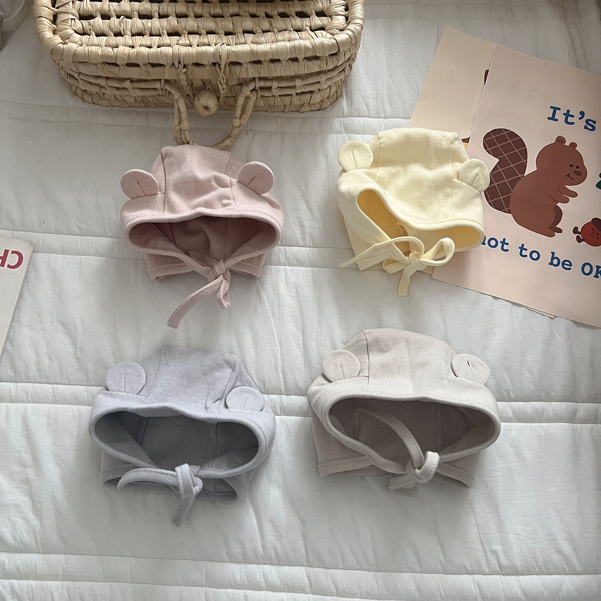 ins婴儿新生婴儿耳朵纯棉护耳帽子春秋季男女宝宝外出防风系带帽