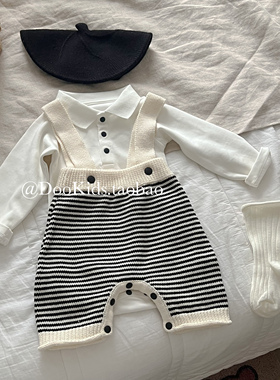 ins韩版婴儿春秋季条纹背带裤男女宝宝新生儿百天周岁包屁衣爬服