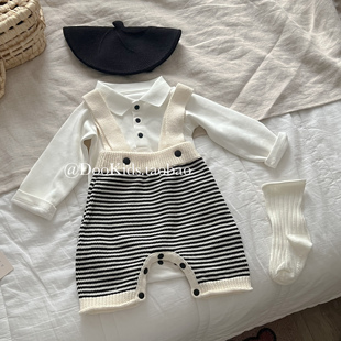 ins韩版婴儿春秋季条纹背带裤男女宝宝新生儿百天周岁包屁衣爬服
