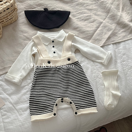 ins韩版婴儿春秋季条纹背带裤男女宝宝新生儿百天周岁包屁衣爬服