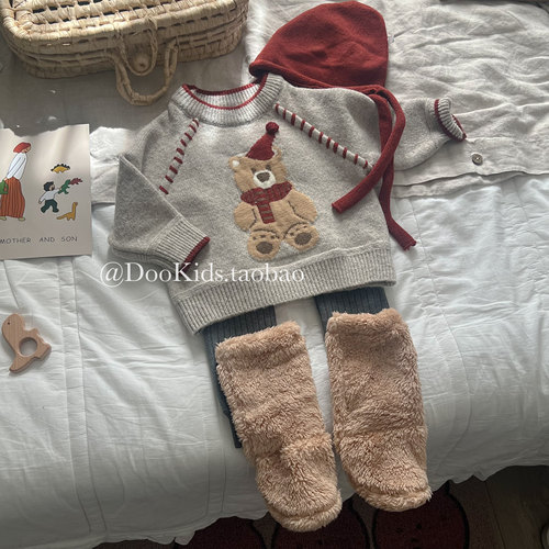 ins婴幼儿可爱超萌加厚小熊毛衣套装男女宝宝洋气针织衫外出套装