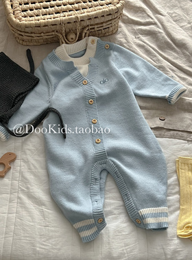ins婴儿韩版针织字母假两件连体衣男女宝宝洋气外出毛线哈衣爬服