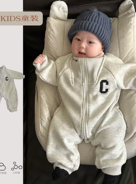 ins婴儿秋冬韩版加绒休闲字母连体衣洋气拉链宝宝外出包屁衣爬服