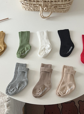 ins双针宝宝袜竖条纹儿童袜坑条纯色防滑胶中筒袜松口婴儿地板袜
