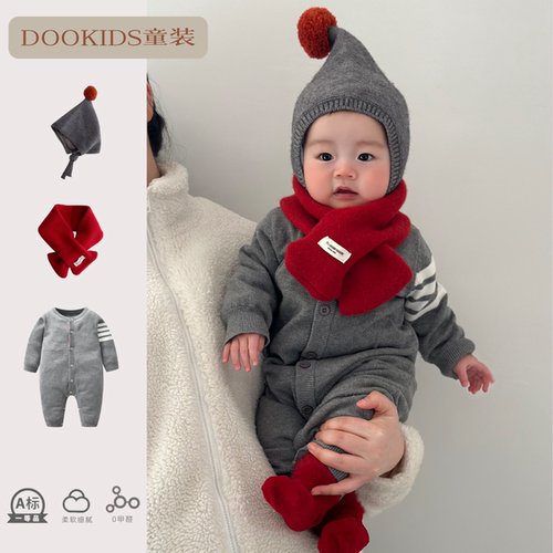 ins秋季款婴幼儿休闲针织毛线连体衣男女宝宝秋冬季加绒洋气爬服