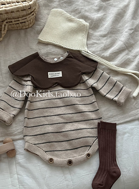 ins婴儿秋冬季条纹长袖针织包屁衣男女宝宝百天满月连体三角哈衣