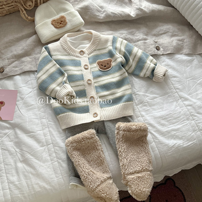 ins婴儿秋季韩版可爱小熊条纹针织开衫男女宝宝外出洋气毛衣外套