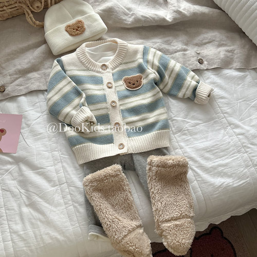 ins婴儿秋季韩版可爱小熊条纹针织开衫男女宝宝外出洋气毛衣外套