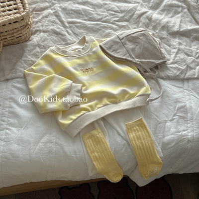 ins韩版婴儿春季条纹字母卫衣男女宝宝上衣裤子套装外出两件套潮