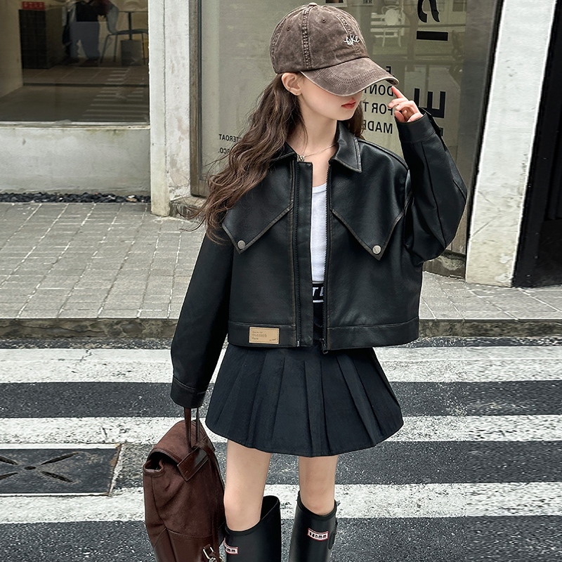 女童皮衣春秋款外套2025女孩春装中大童休闲时髦夹克皮衣洋气上衣