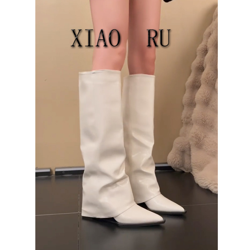 白色尖头坡跟不过膝骑士堆堆靴女