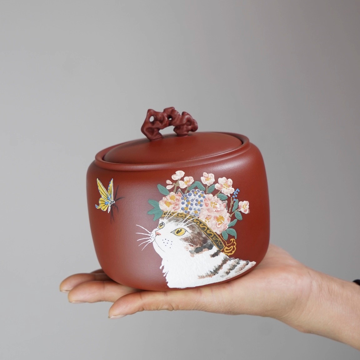 紫砂茶叶罐泥绘猫趣精品醒茶罐
