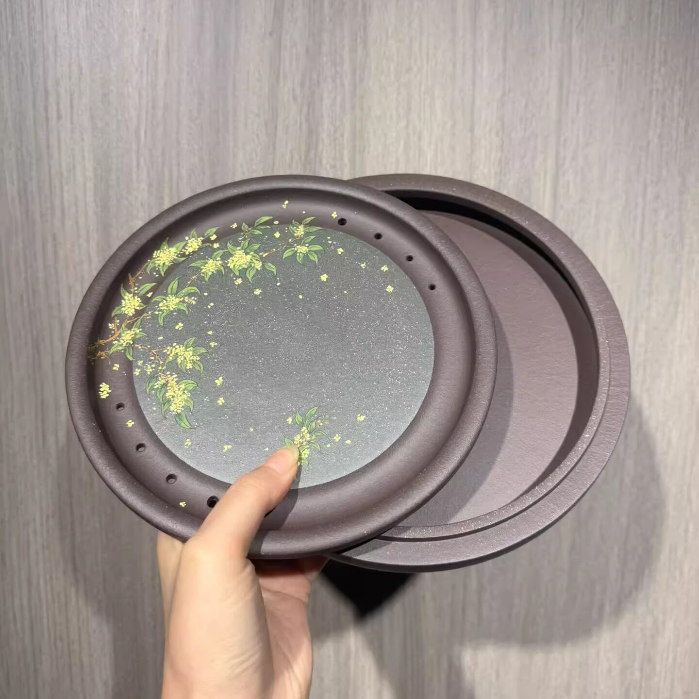 宜兴紫砂壶承泥绘桂花茶托盘精品