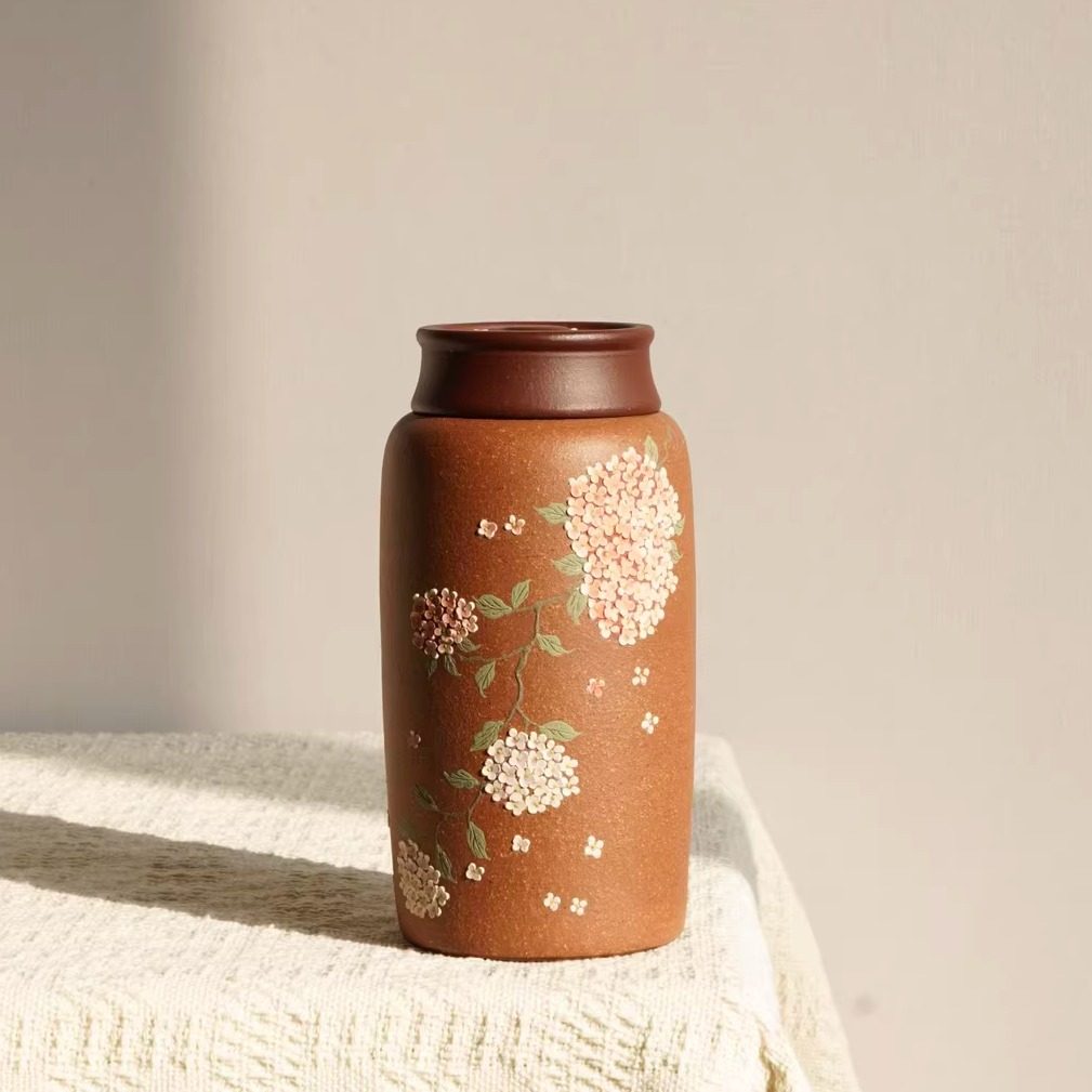 宜兴紫砂茶叶罐绣球花茶叶罐精品