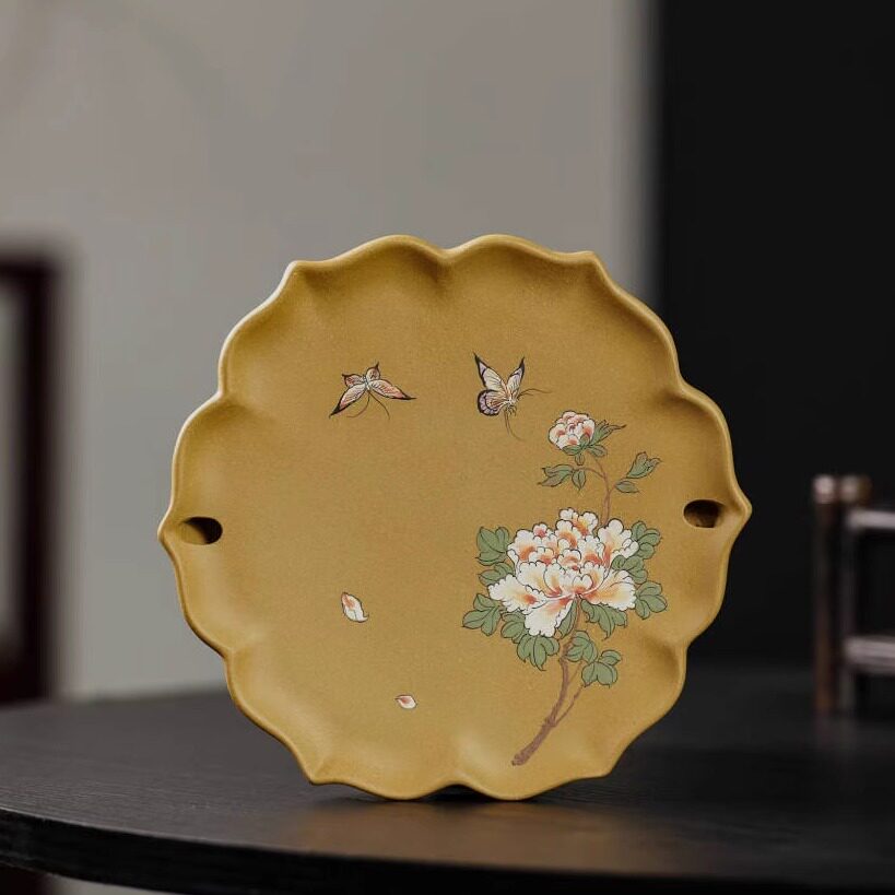 紫砂壶承泥绘牡丹精品干泡台茶海