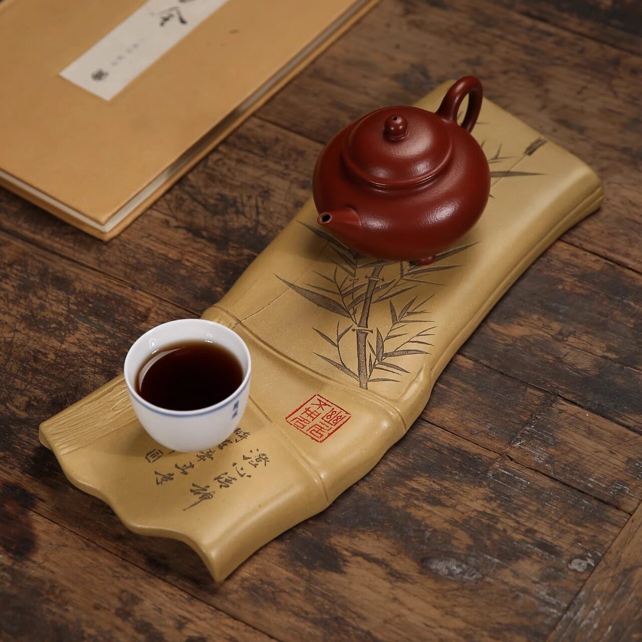 宜兴紫砂壶承节节高升竹片干泡台