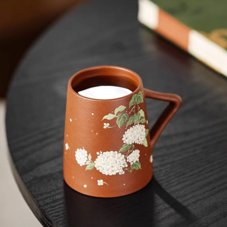 宜兴紫砂泥绘绣球花主人杯咖啡杯