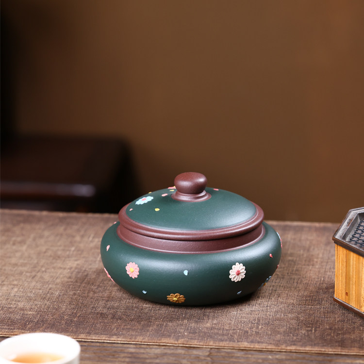 宜兴紫砂茶叶罐繁花似锦醒茶罐