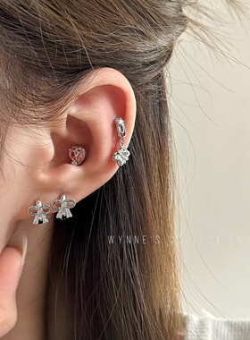 WYNNE’S粉色甜心星芒回形针可爱小熊耳钉蝴蝶结耳圈多耳洞耳饰女