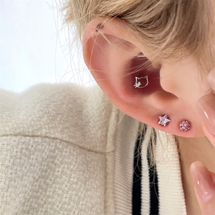 WYNNE’S单钻镂空猫咪甜美养耳洞满钻星星银睡觉免摘可爱学生耳饰