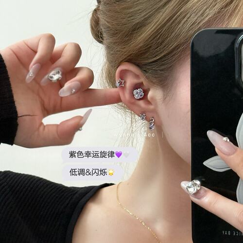 紫色星星旋律锆石钛钢直针耳圈