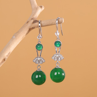 人品银品时尚简约耳饰S925银镶嵌圆珠绿玉髓如意耳坠气质百搭耳环