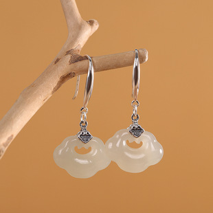 人品银品 S925银和田玉如意小清新耳坠女式时尚简约长款轻奢耳饰