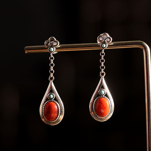 人品银品 复古做旧 S925银镶嵌南红玛瑙水滴形耳坠民族风简约耳饰