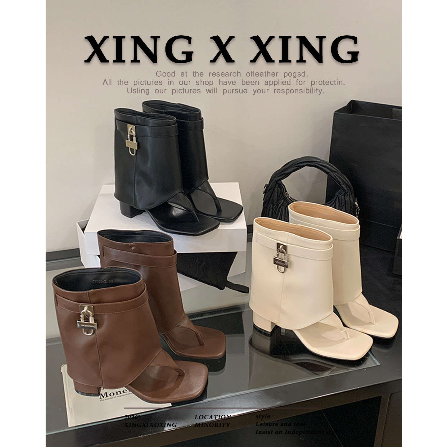 欧美风方头皮带金锁扣短靴女高跟潮流百搭夹趾凉靴小众显高时装靴