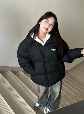 2025冬季新款黑色立领羽绒棉服女大童初中高中学生宽松面包服外套