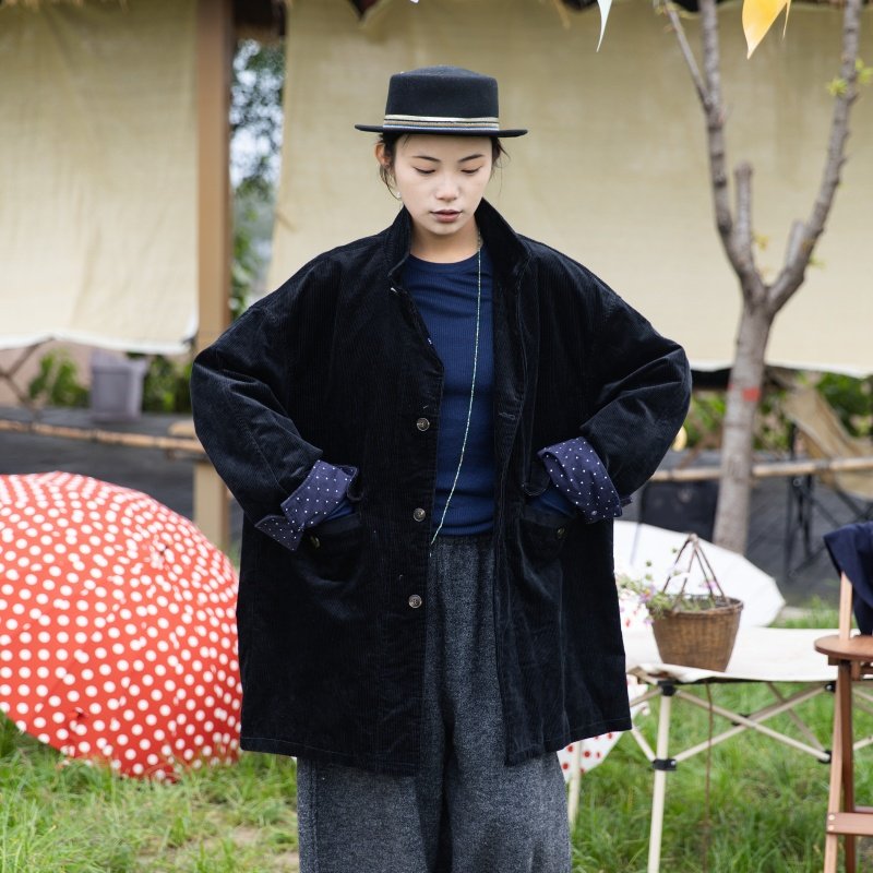 雨文她城原创春秋复古灯芯绒翻领高领中长款外套女通勤休闲外套,女装/女士精品,风衣,淘宝优惠券,粉丝福利购,淘宝优惠卷